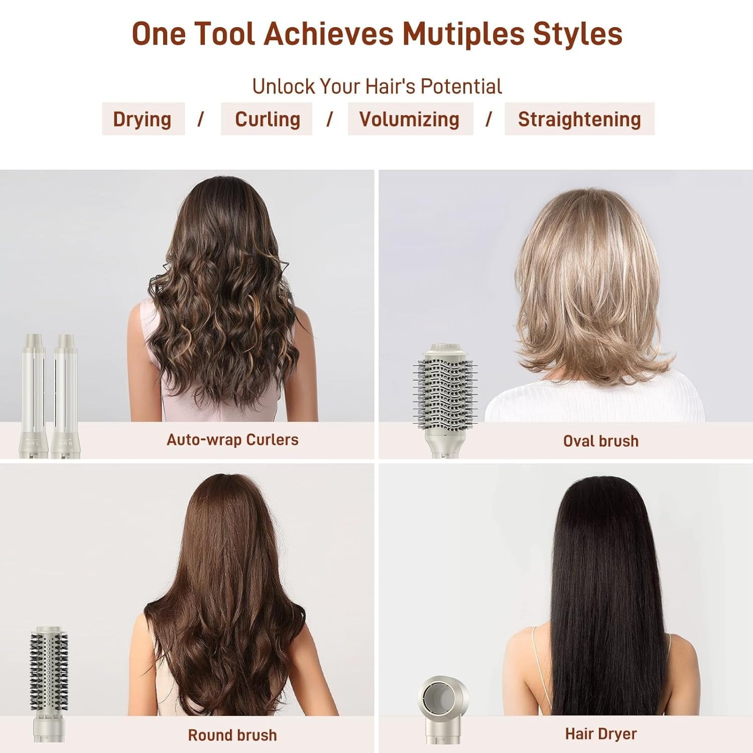 RACCOMB 5-in-1 Hot Air Styler, Hair Dryer & Styler with Negative Ion Technology, Frizz-Free Hair Styler Tool for Curling, Volumizing, Smoothing, No Heat Damage