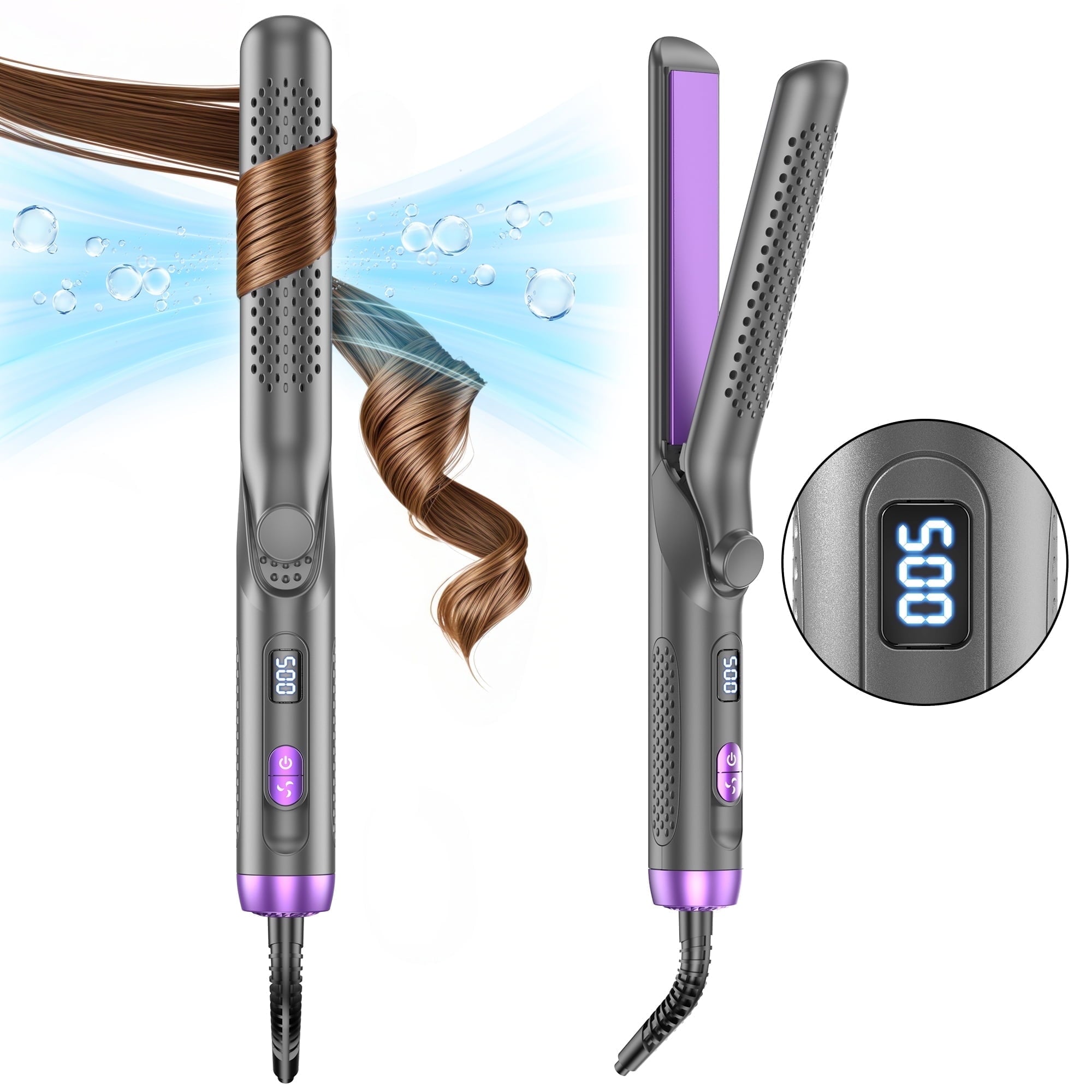 NEXPURE Airflow Styler Curling Iron, Flat Iron Hair Straightener and Curler 2 in 1, Ionic Curling Wand with 360°Cool Air Lock in Style,5 Temps & Anti-Scald, Purple