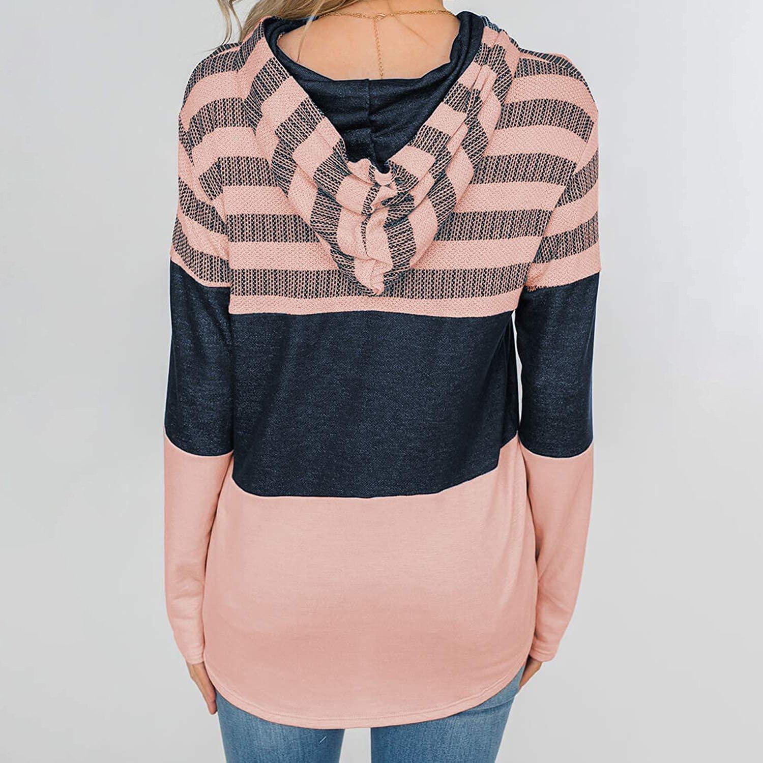 Actloe Women Long Sleeve Striped Color Block Casual Hoodies