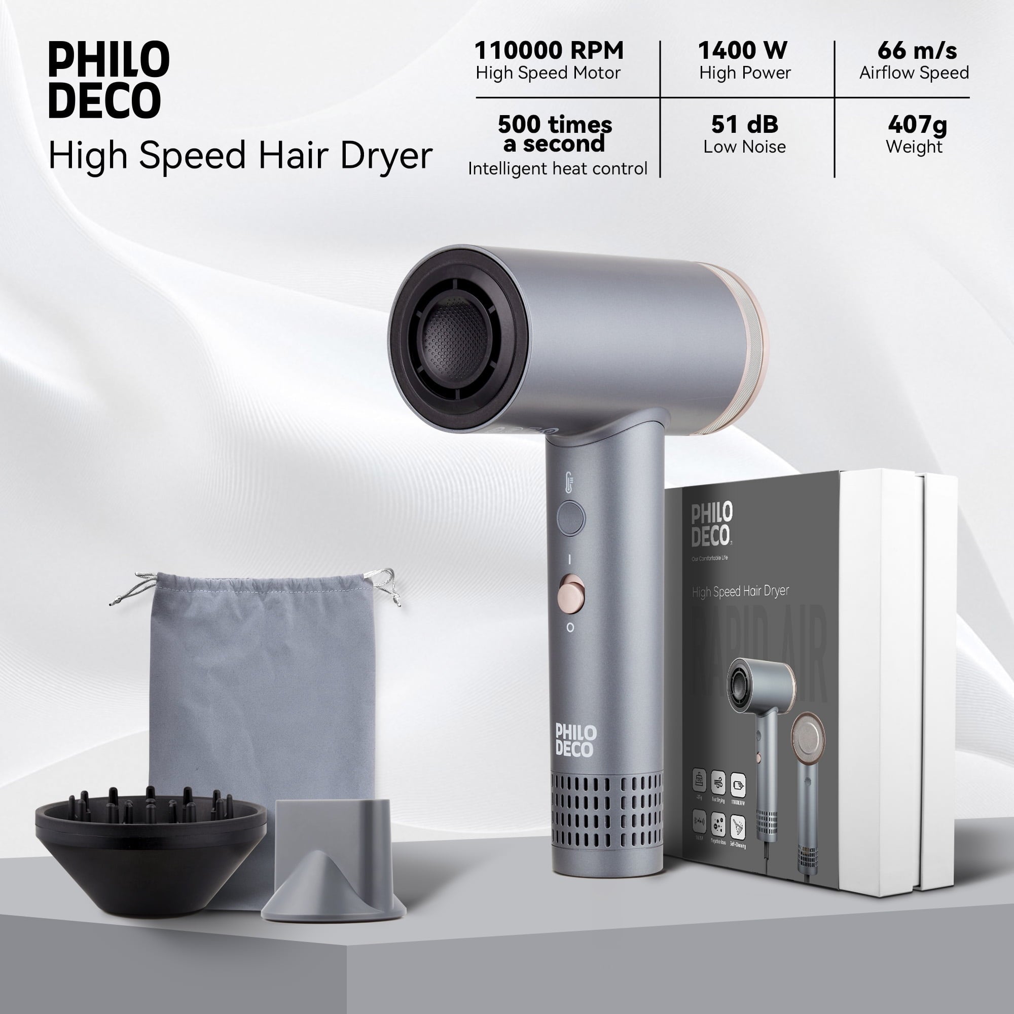PhiloDeco Hair Dryer for Women, 110000 RPM Professional Ionic Hair Dryer with 500 Million Negative Ions, Fast-Drying, Hair Dryer with Diffuser & Nozzle, Lightweight Blow Dryer for Travel
