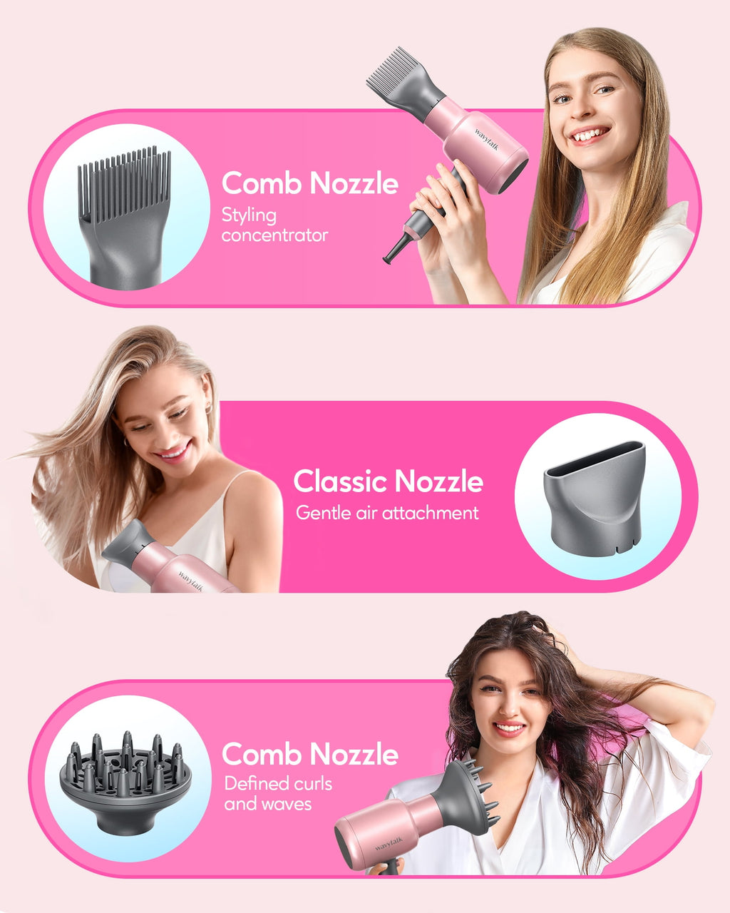 Wavytalk Hair Dryer with Diffuser Ionic Blow Dryer with Powerful 1875W Motor for Fast Drying, Pink