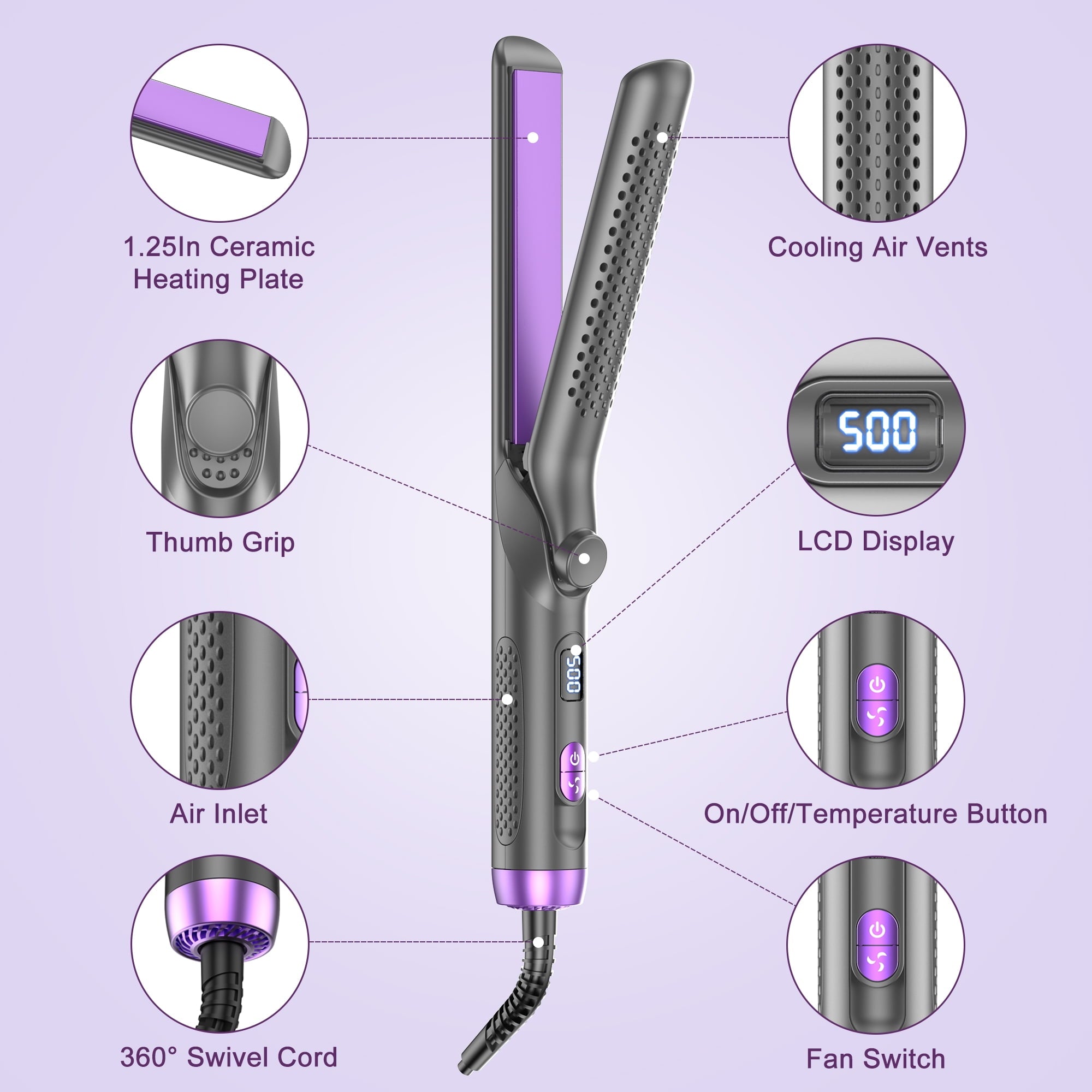 NEXPURE Airflow Styler Curling Iron, Flat Iron Hair Straightener and Curler 2 in 1, Ionic Curling Wand with 360°Cool Air Lock in Style,5 Temps & Anti-Scald, Purple